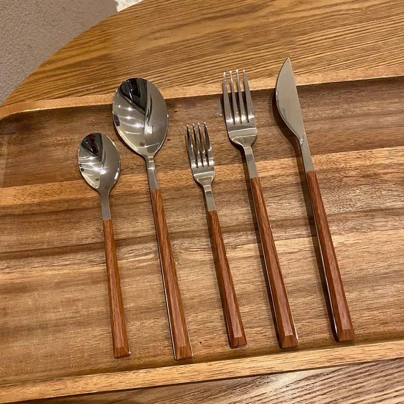 Imitation Holzgriff Edelstahl Besteck Set Messer Gabel Löffel Teelöffel 5 Stück Set Korean Ins Küche Geschirr Set Home Party Geschirr Set Set 5 pcs set