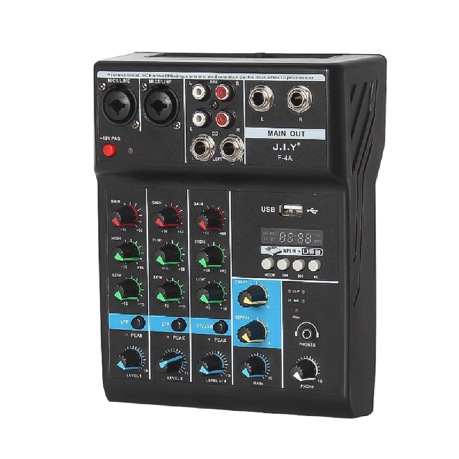 JIY Professionelles 4-Kanal-Mischpult, Mini-USB-Mixer mit Soundkarte, Effektkonsole, Computer US Plug