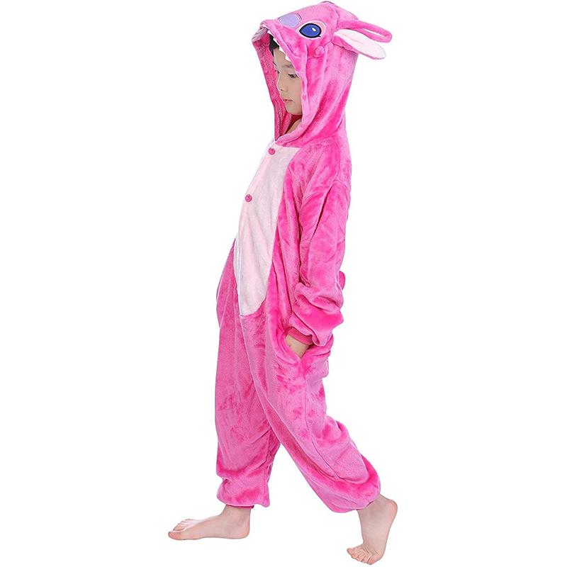 Kinder Stitch Cosplay Kostüm Flanell Schlafanzug Anime Lilo & Stitch Jumpsuits Einteiler Schlafanzug Halloween Kostüm für Kind 140 pink