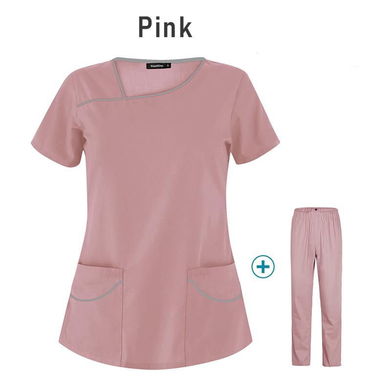 Krankenpflege-Bekleidung für Damen, Uniformen, Haustierpflege-Bekleidungsset, kurzärmeliges Oberteil mit V-Ausschnitt und Hose, Arztanzüge, medizinische Chirurgie, Arbeitskleidung S rosa