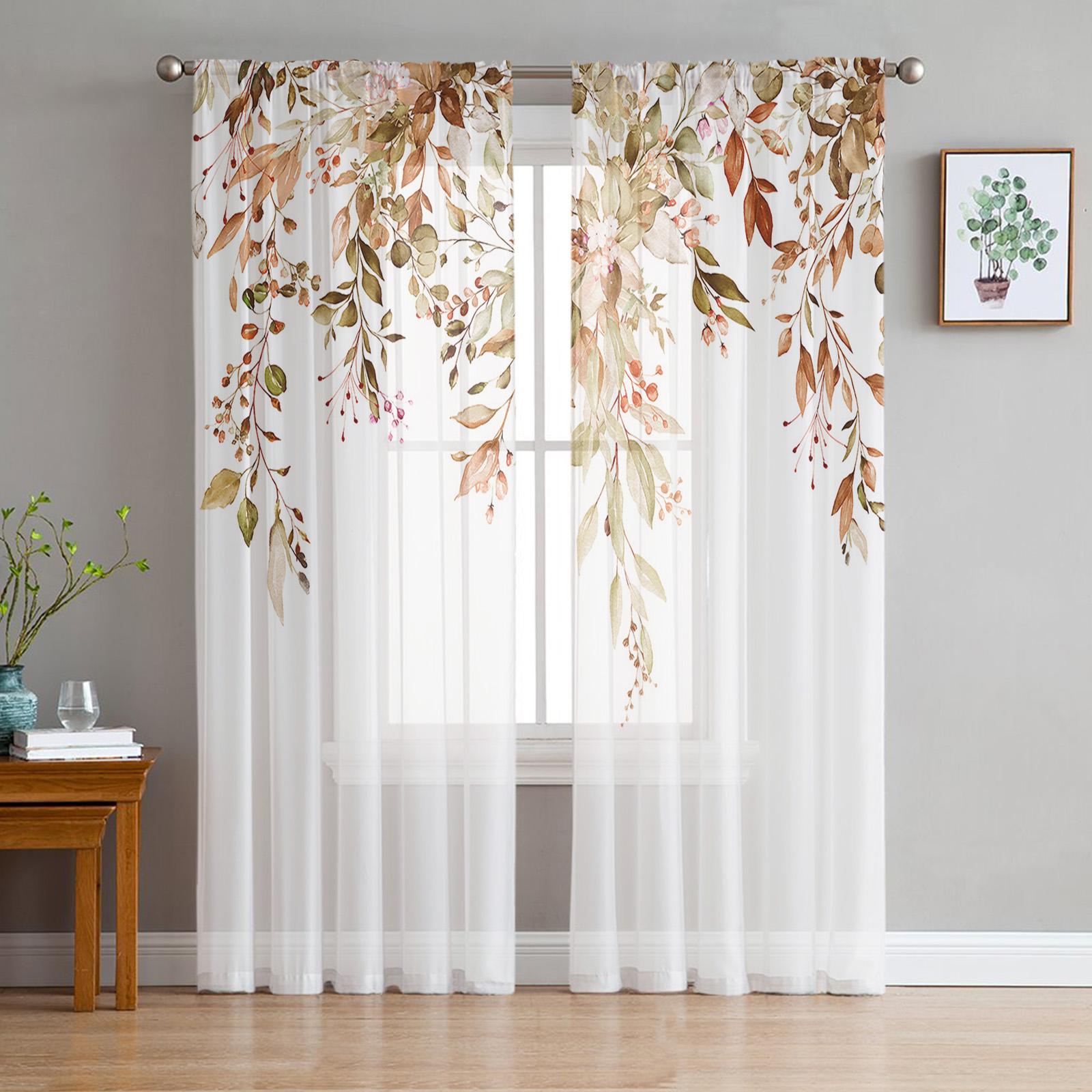 Thanksgiving Herbst Wilde Blumen Voile Vorhänge für Schlafzimmer Tüll Fenster Vorhang für Wohnzimmer Gardinen Jalousien Vorhänge W50H130(CM)x2pcs&Grommet Top