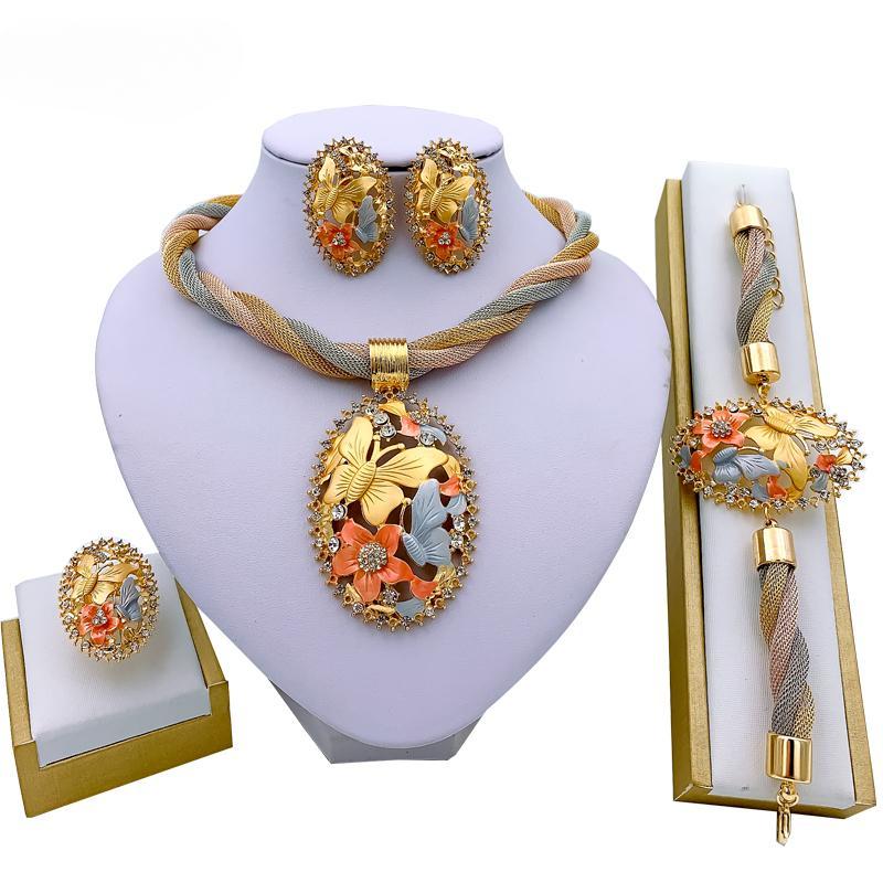 Afrikanischer Schmuck, Charm-Halskette, Ohrringe, Dubai, Goldschmuck-Sets für Frauen, Hochzeit, Braut, Armband, Ring, Anhänger, Schmuck-Set 45cm reinfarbig