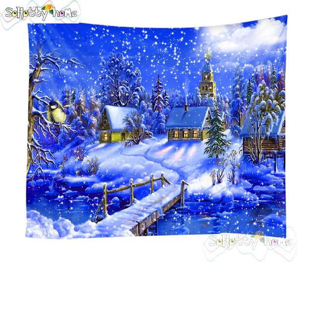 Blauer Himmel und Schnee Wandbehang Wandteppich Weihnachten Wandbehang Baum Wandbehang Wunderschöne Weihnachtsbaum Kamin Geschenke 150x100cm
