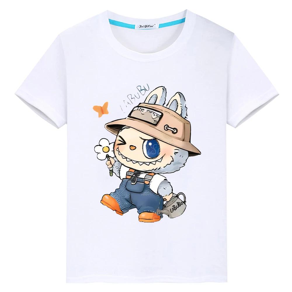 labubu 100% Baumwolle T-Shirt für Kinder Junge 10 Jahre Kleinkind Mädchen Kleidung Kawaii Oberteile Anime Kurz Stolz T-Shirt Y2K Kinderkleidung Mädchen 130 weiß