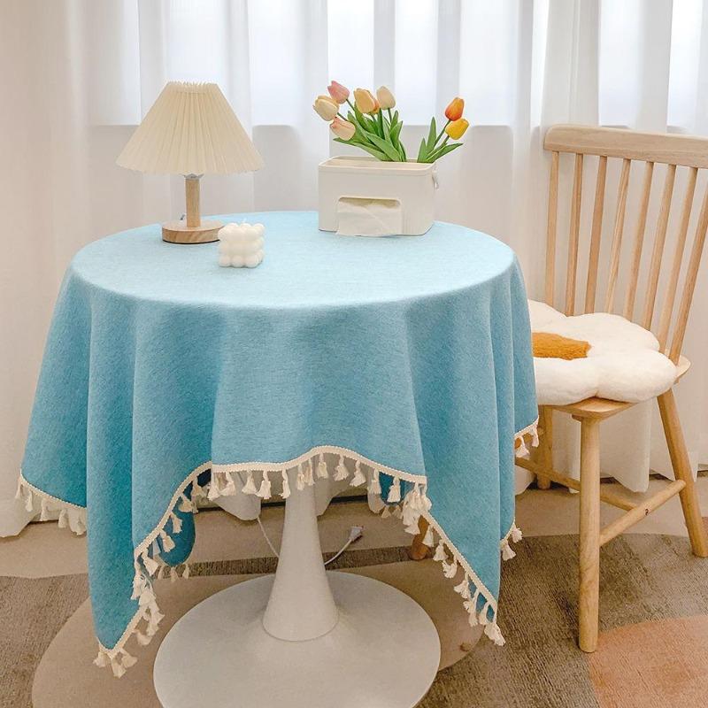 Tischdecke aus Leinen mit Fransen - Rustikale runde Tischdecke für Schreibtisch, Teetisch, Esszimmer & Ästhetische Dekoration 80*120cm himmelblaue