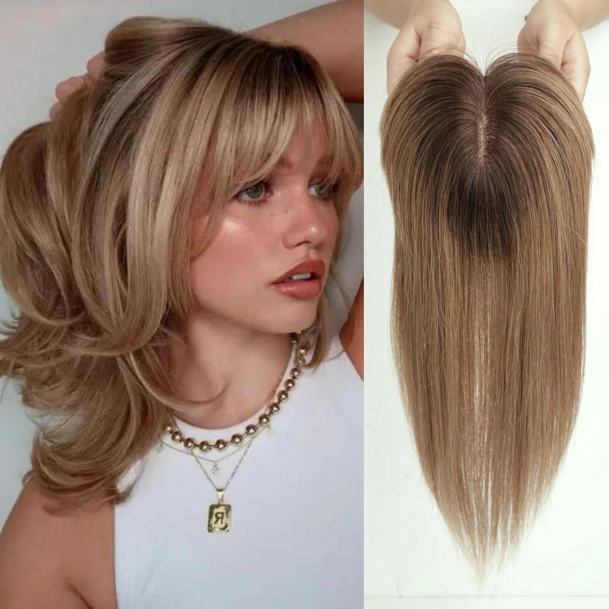 HAIRCUBE 100 % Remy-Echthaar-Topper für Frauen, Mittelteil, blond, goldfarben, Echthaarteile für dünner werdendes Haar, Seidenbasis, Clip-in-Topper