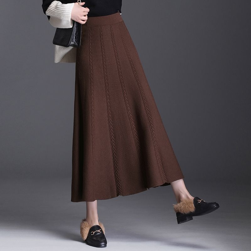Herbst Winter frauen Temperament Midi Gestrickte Rock Weiblichen Rock Hohe Taille Verdicken Solide Schlanke Mid-länge A-linie Rock faltenrock 2XL dunkelbraune