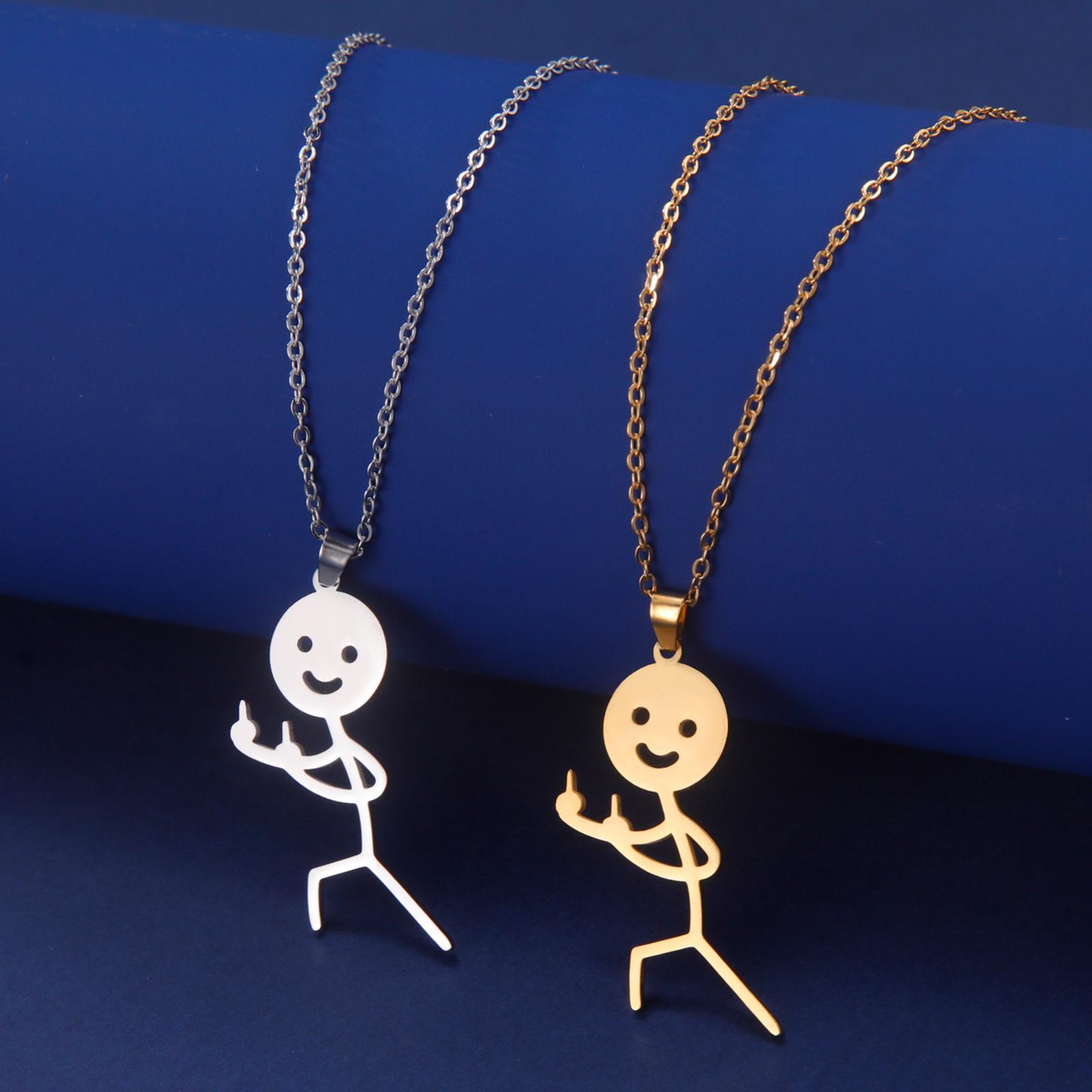 Teamer Hip Hop Mittelfinger Stickman Halskette Rock Punk Lustiger Kritzel Anhänger Halskette für Damen Herren Trend Schmuck Geschenk Gold&45cm blue