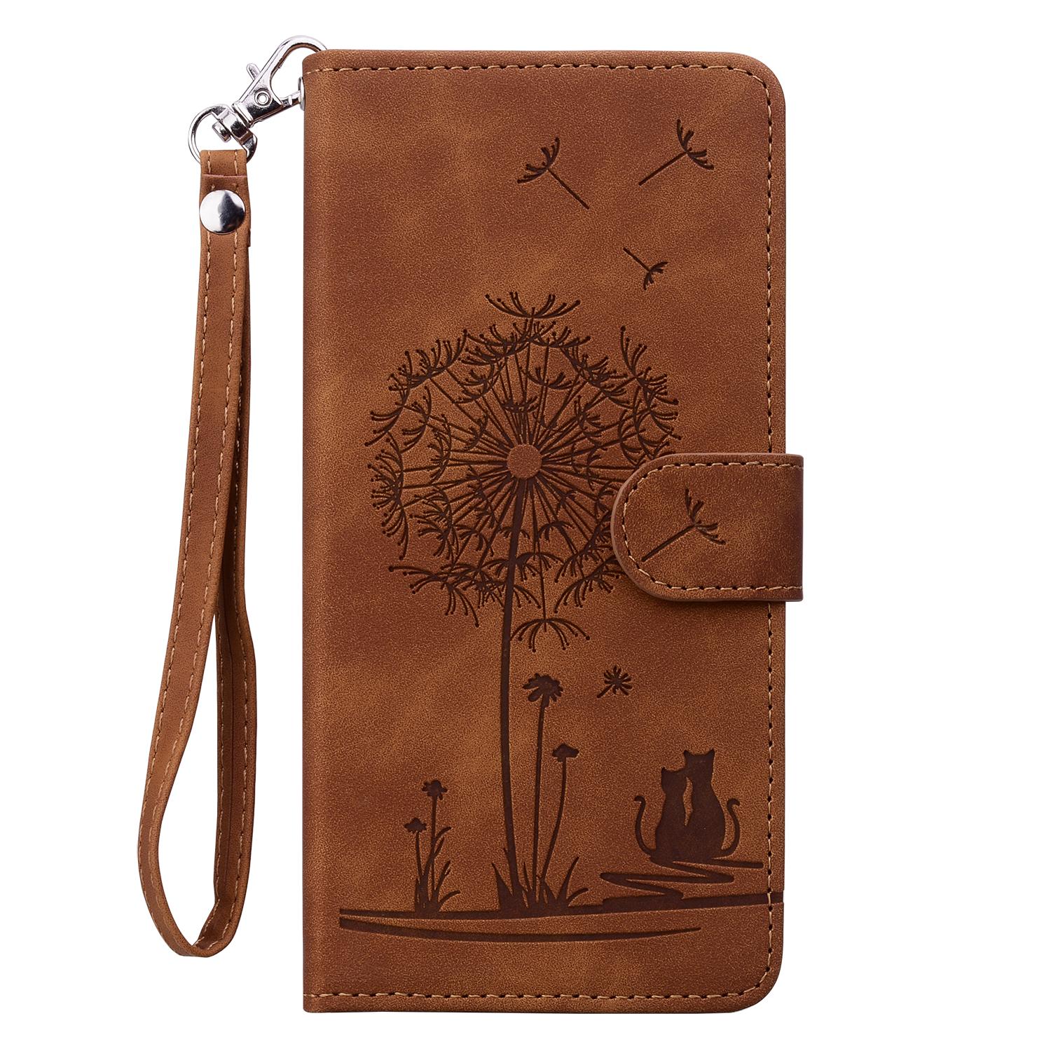 Handschlaufe 3D-Prägung Blume Katze Leder Handy Brieftasche Hülle Buchständer für iPhone 16 15 Pro Samsung Redmi Google Oppo Magnetkartensteckplatz Flip Cover iPhone 15 braun