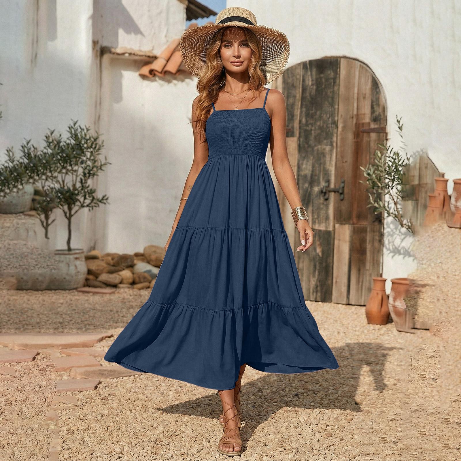 Sommerkleider für Damen UK Ärmelloses Stufen-Maxikleid Lässige Fließende Kleider für Damen UK Karree-Ausschnitt Damenkleider XXL dunkelblau
