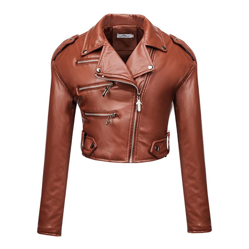 Damen Lederjacke Slim Fit Kurzer Stil Langarm Revers Reißverschluss Lederjacke PU Damen Motorradanzug XXL kaffeebraun