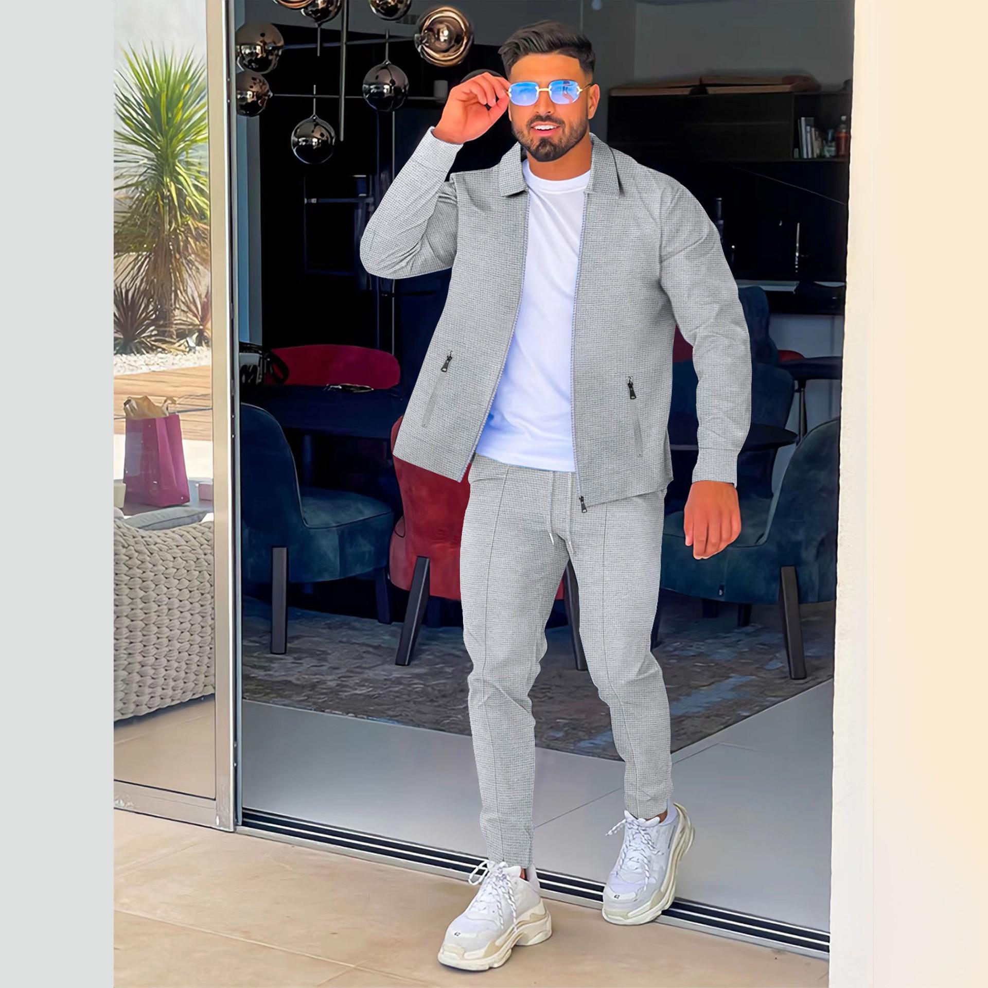 Neuer Anzug aus Waffeljacke und -hose für Herren – europäischer und amerikanischer, lässiger, vielseitiger Stil XXL graue