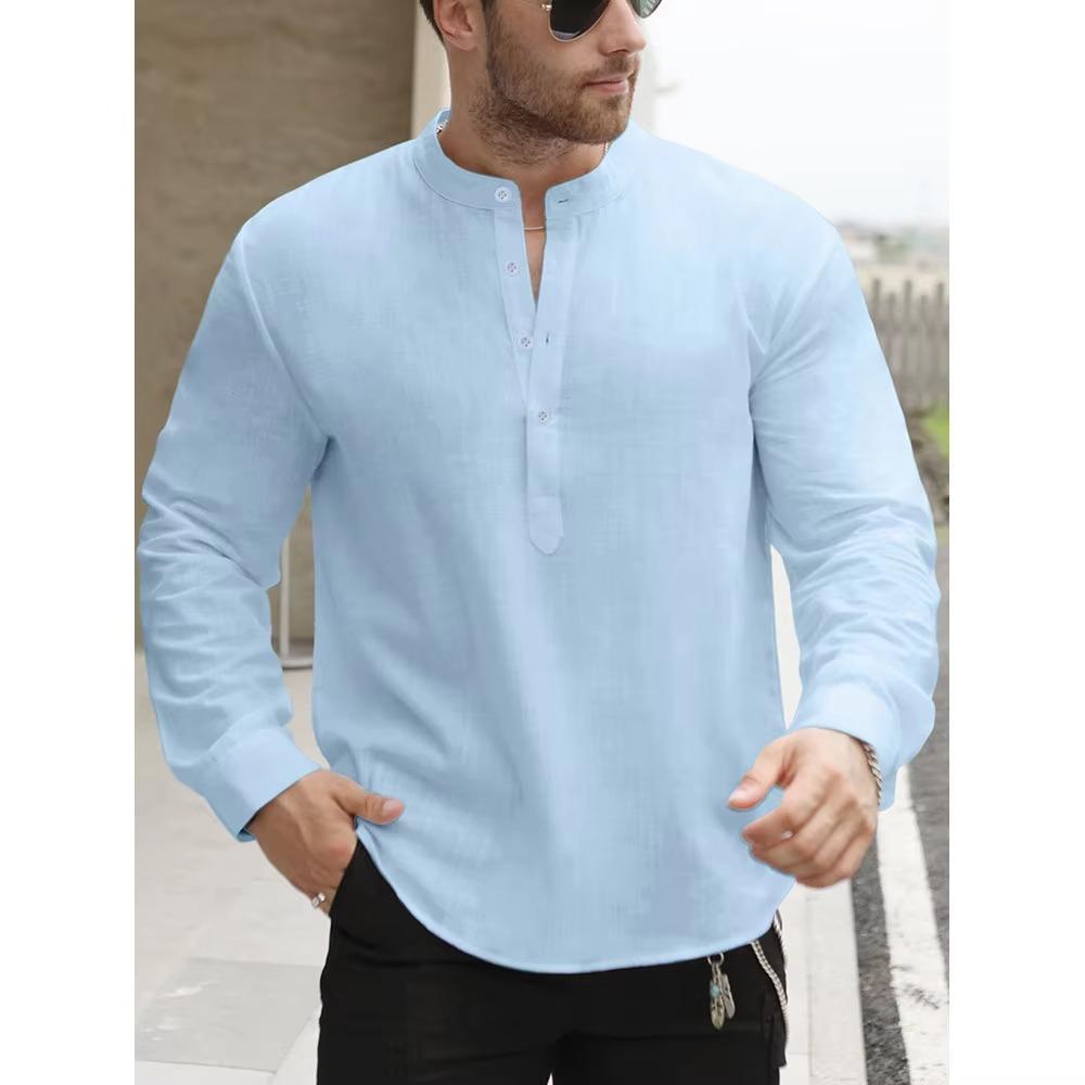 Hochwertige weiße Baumwollleinen Henley-Shirts für Herren Leicht Langärmlig Lässig Streetwear Alltagskleidung US M 60-70 KG blau