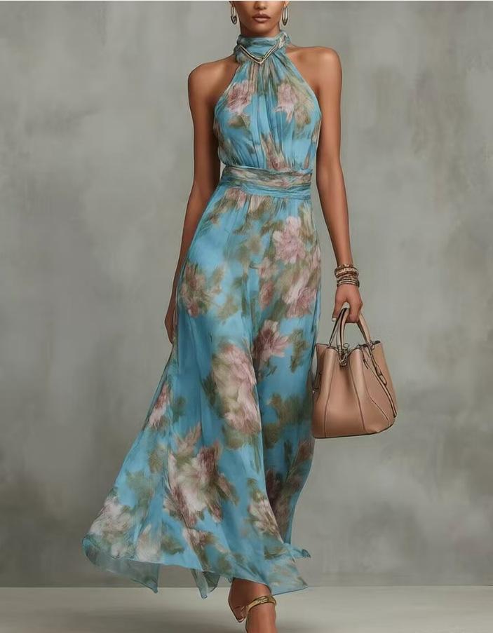 Damen Halter Hals Floral Print Chiffon Maxikleid, Ärmellos Gürtel A-Linie Fließend Boho Ärmellos Sommer Strandkleid L blau