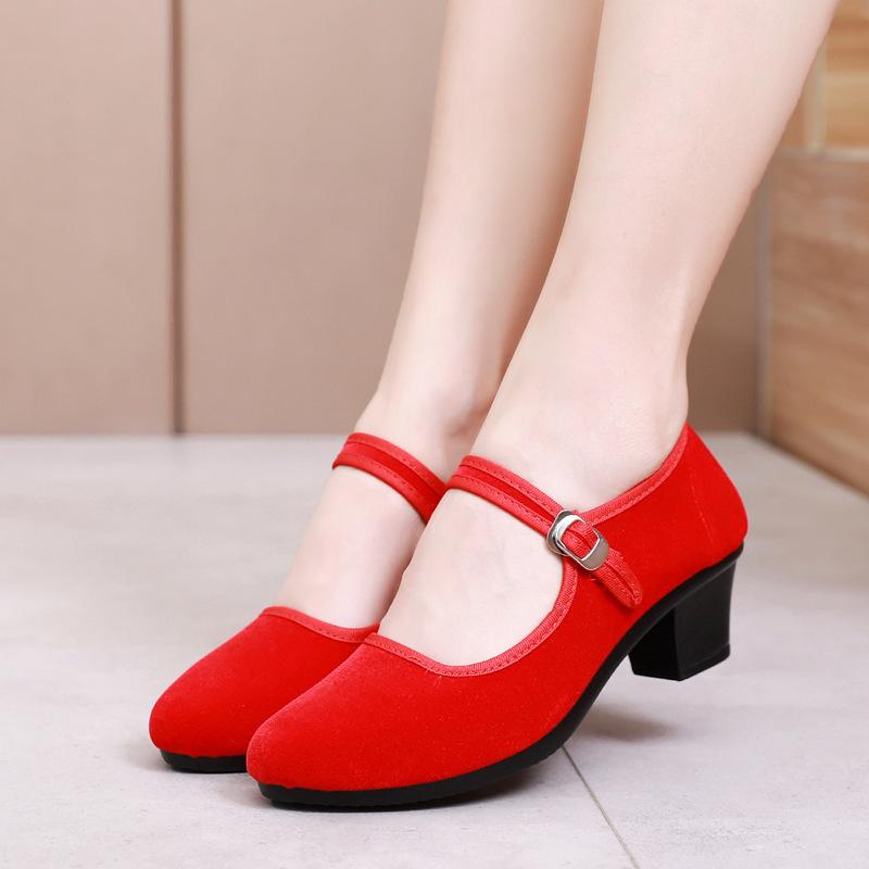 Frühling Herbst Damen High Heels Schuhe Pumps Plateau Alte Peking Stoffschuhe Casual Zapatos Schnallenriemen Einfarbig Arbeitsschuhe 39EU/CN40 rot