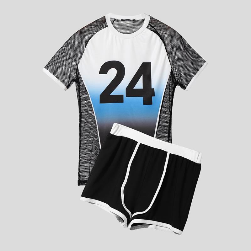 INCERUN Zweiteilige Anzüge Herren Mesh Transparentes Patchwork Oberteile Shorts Outfit Lässige Sportsets M blau