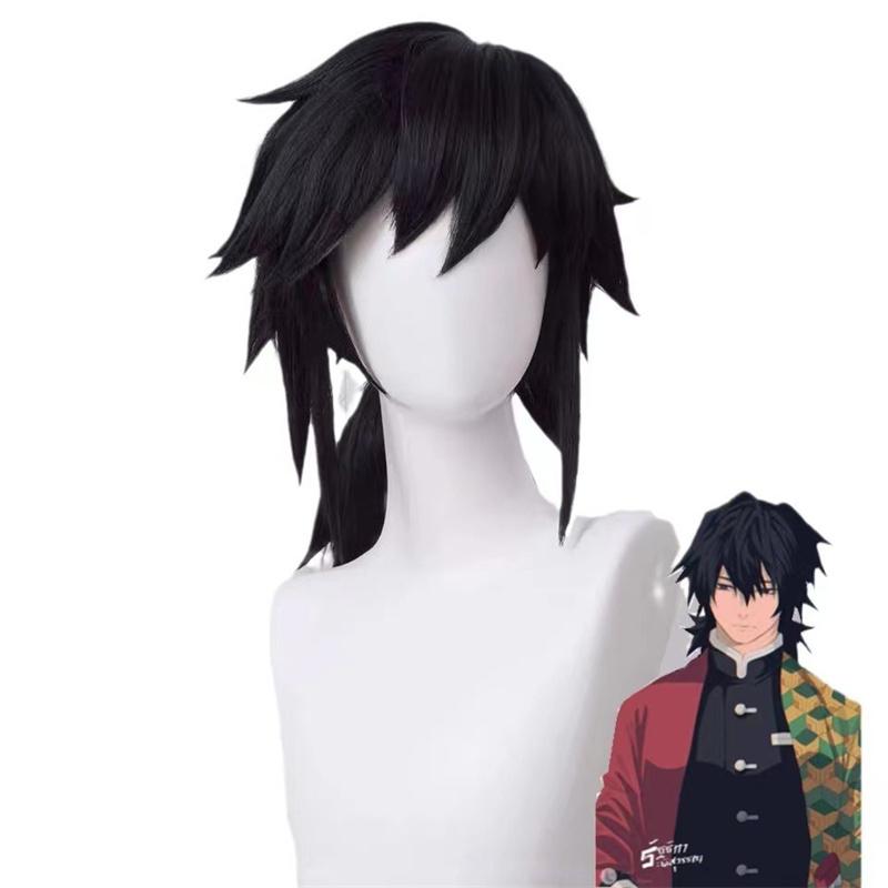 Tomioka Giyuu Cosplay-Perücke, Cosplay, schwarzer Zopf, hitzebeständig, Kunsthaar, Anime-Perücken + Perückenkappe One Size