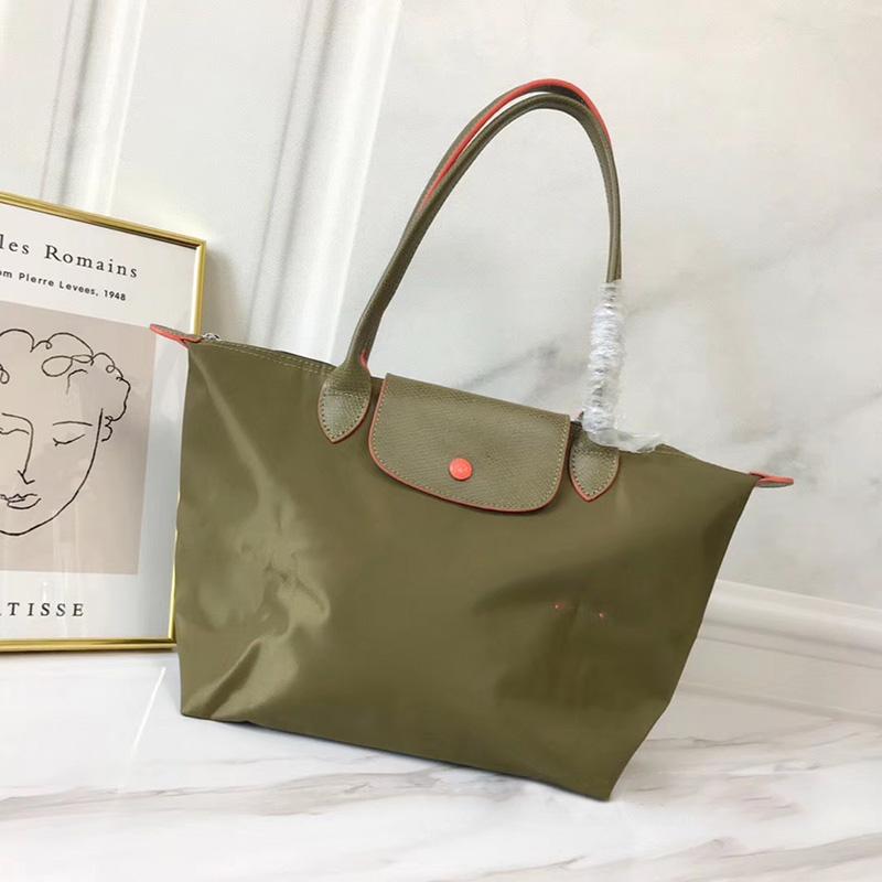 Neue Designer-Tasche Nylon Damen Handtaschen mit Logo Knödel Strandtasche Luxus-Marken-Einkaufstaschen mit Ledergriff Tragetaschen S 28cm armee grüne
