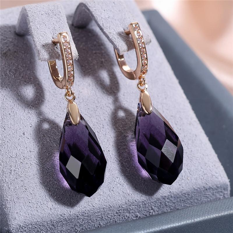 Vintage Böhmen Aqua Blau Grün Gelb Lila Kristall Tropfen Ohrringe für Frauen Luxus Gold Farbe Hochzeit Partei Schmuck Geschenke violett/gold