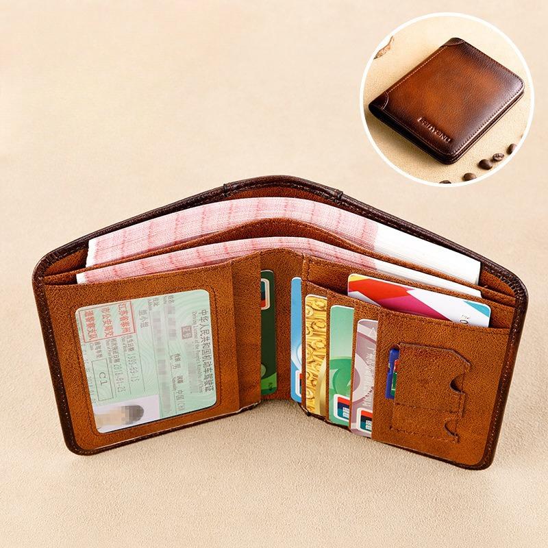 RFID-Geldbörsen aus echtem Leder für Herren, Vintage, dünn, kurz, multifunktional, Ausweis- und Kreditkartenhalter, Geldbeutel mit 2 Ausweisfenstern, Geschenk für ihn Two fold braun