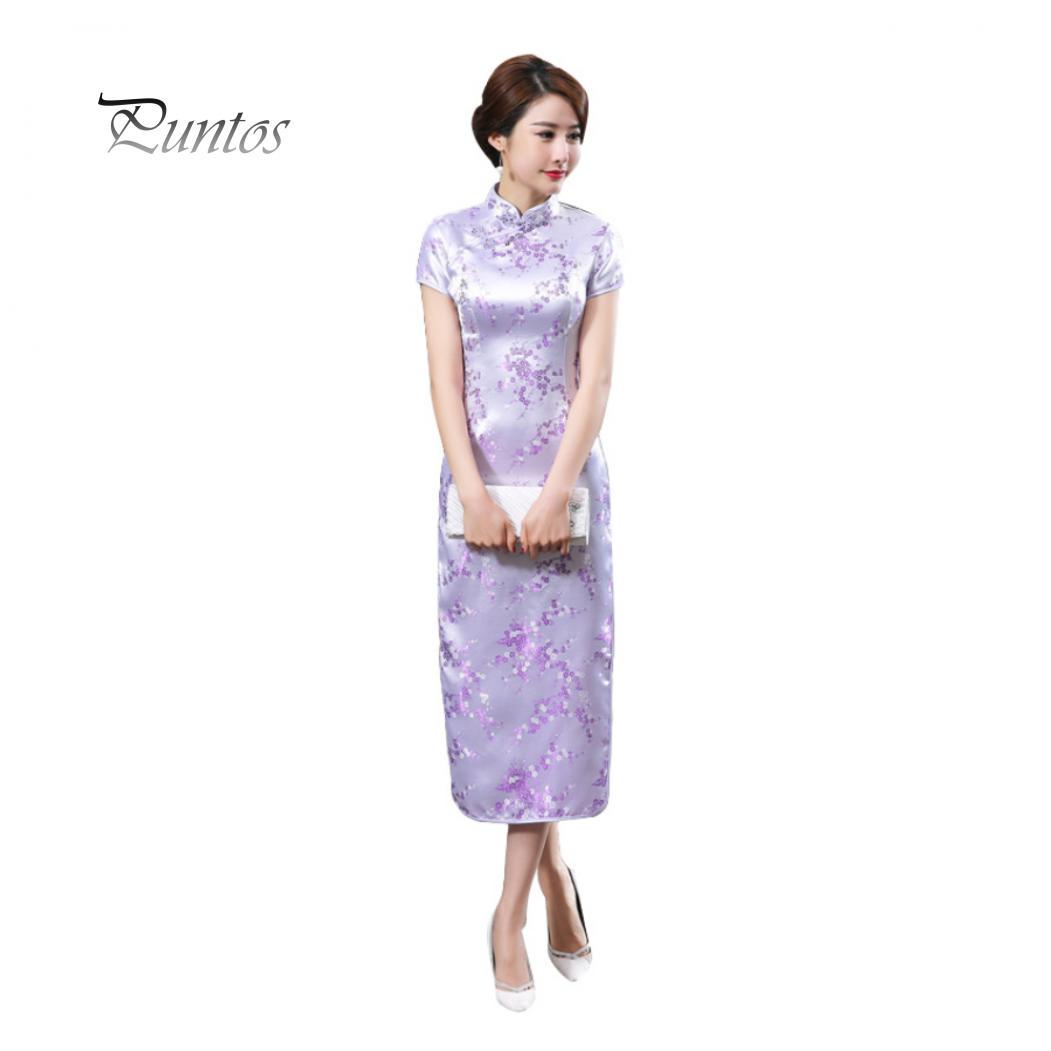 Traditionelles chinesisches Frauen-langes Cheongsam-Brautjungfer-Kurzarm-Abendkleid S licht lila