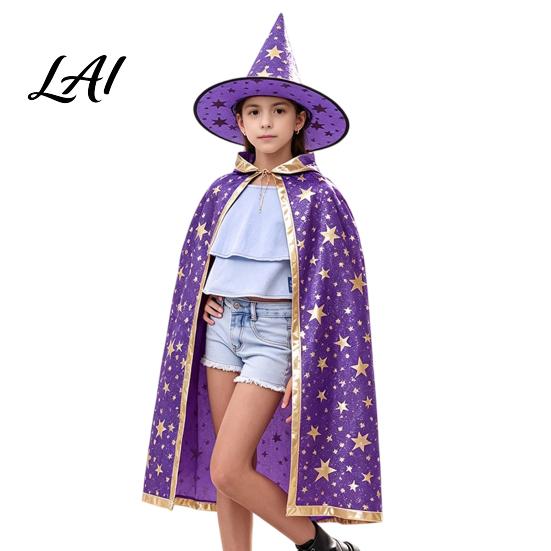 Sternenmuster Zauberer Kleidung Kinder Umhang mit Hut für Jungen Mädchen Halloween Hexenmuster Umhang Kostüm Requisite Party Cosplay Outfit Kostüm Fotoshootings violett