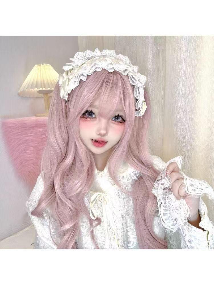 Dämmerungsrosa Lolita Perücken-Set: Süßes langes lockiges Haar mit Pony
