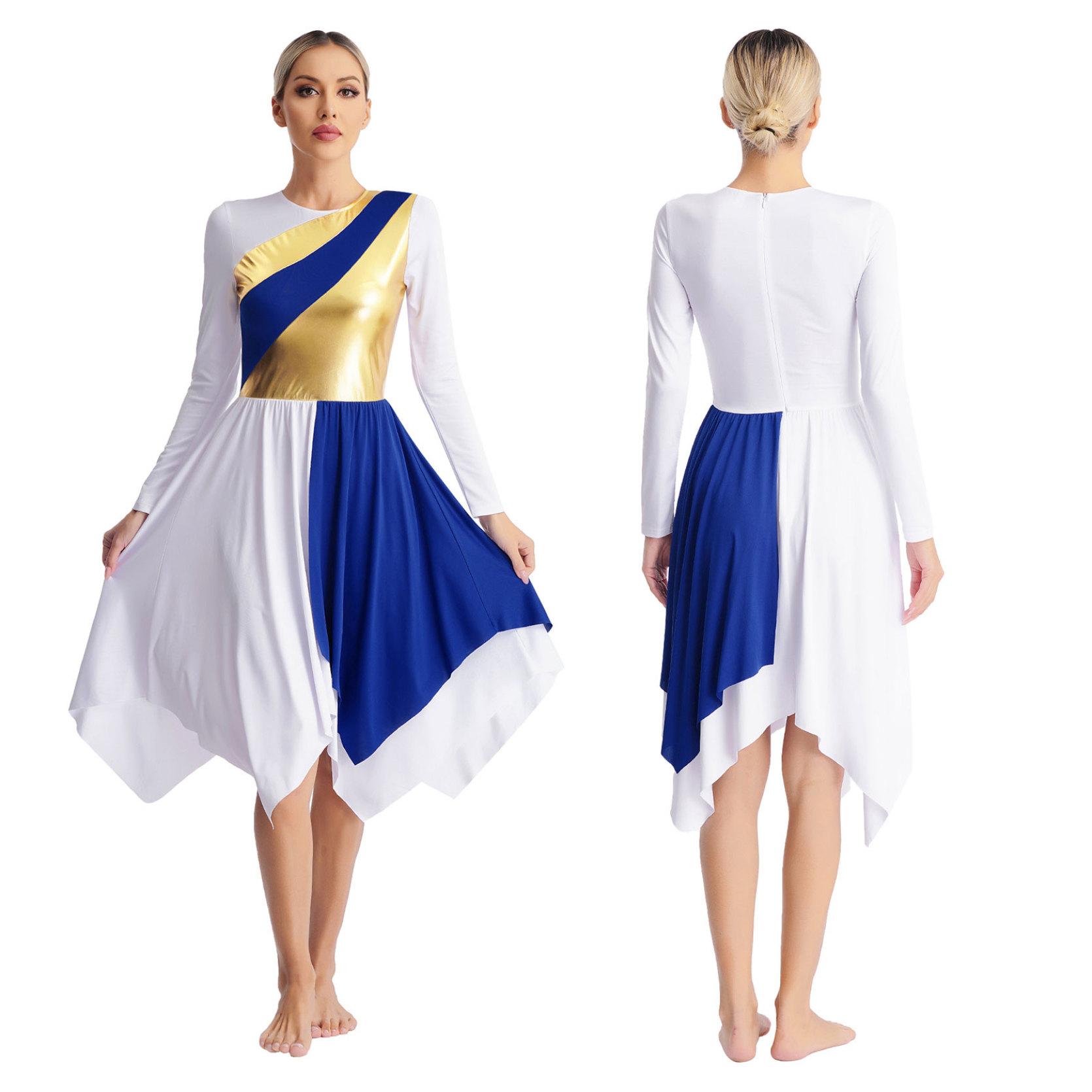 Liturgisches lyrisches Tanzkleid für Damen, langärmelig, metallische Kontrastfarbe, asymmetrische Kleider, Anbetungsaufführung M blau