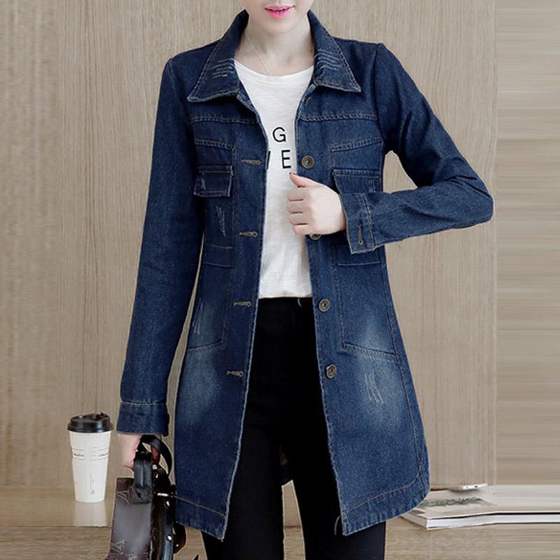 Herbst Jean Jacke Für Frauen Lose Beiläufige Blau Frauen Mäntel Weibliche Outwear drehen-unten Kragen Denim Mantel Feminine M dunkelblaue