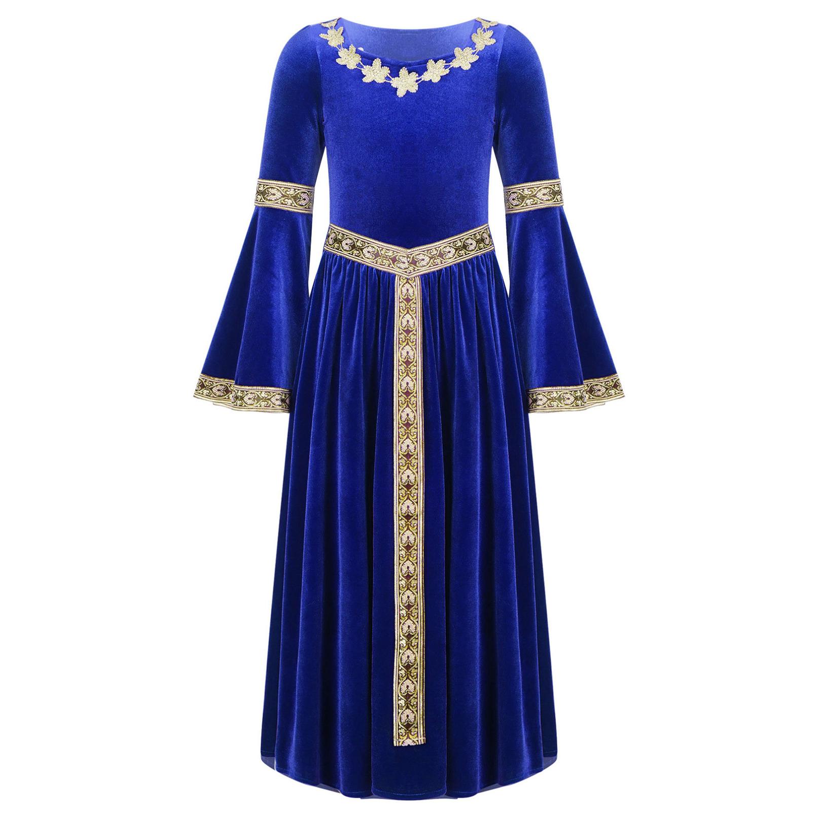 Kinder Mädchen Mittelalter Renaissance Prinzessin Kostüme Samt Vintage Maxikleid Ballkleid Halloween Kostüm 5-6 Years blau