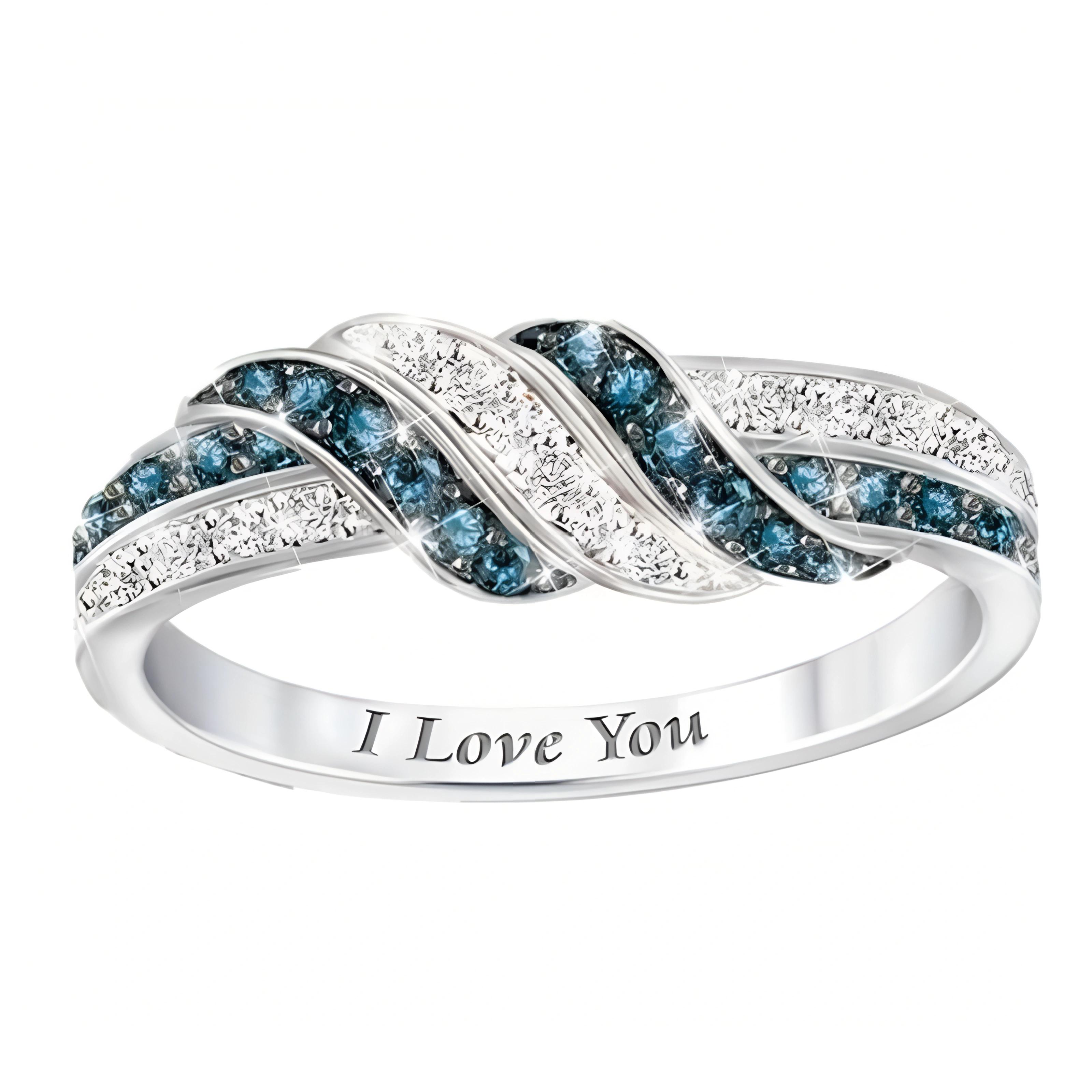 Exquisiter und stilvoller Versprechensring mit weißem Saphir, romantischer Verlobungsring mit der Gravur „I Love You“, funkelnder und schillernder Schmuck. 10