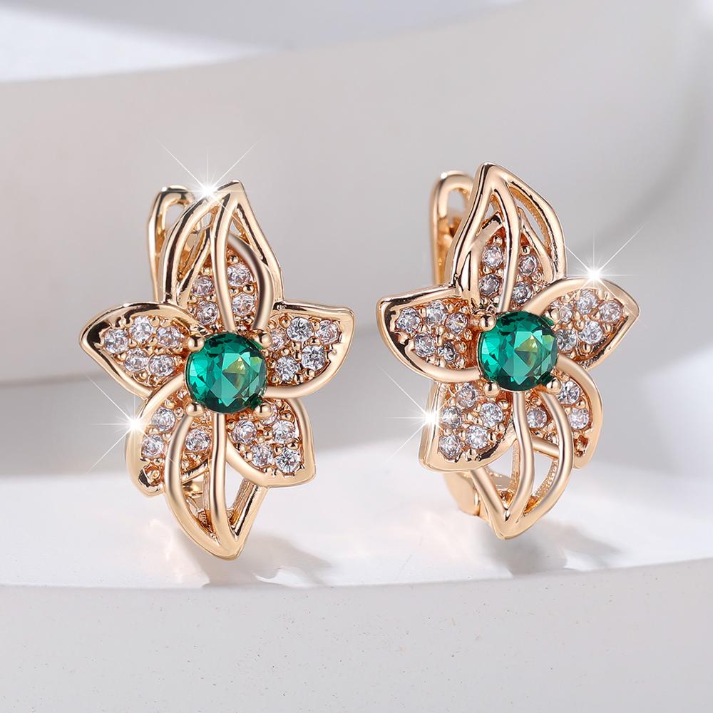 Zarte Zirkonia-Blumen-Creolen für Frauen, Luxus-Goldfarben, baumelnde Ohrringe, Modeschmuck, Geschenke gold/grün