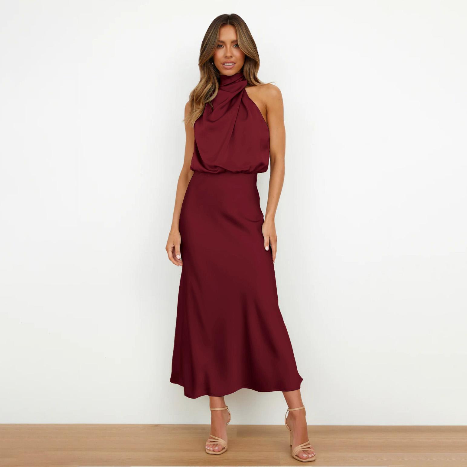Damen-Sommer-Abendkleid, ärmellos, elegant, Neckholder, A-Linie, hohe Taille, lange Kleider, einfarbig M wein rot