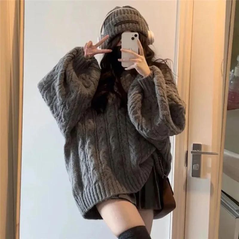 Herbst Winter Frauen Pullover Harajuku Übergroßen Gestrickte Pullover Koreanische Langarm V-ausschnitt Lose Strickwaren Solide Lose Pullover XS grau