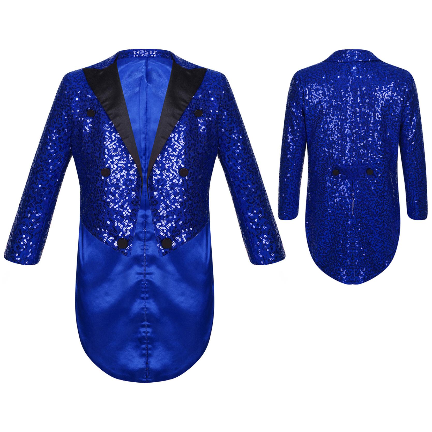Kinder Jungen Pailletten Frack Kinder Gentleman Anzüge Blazer für Zaubershows Leistung Formale Kostüm Hochzeit Jungen Mäntel 5-6 Years blau