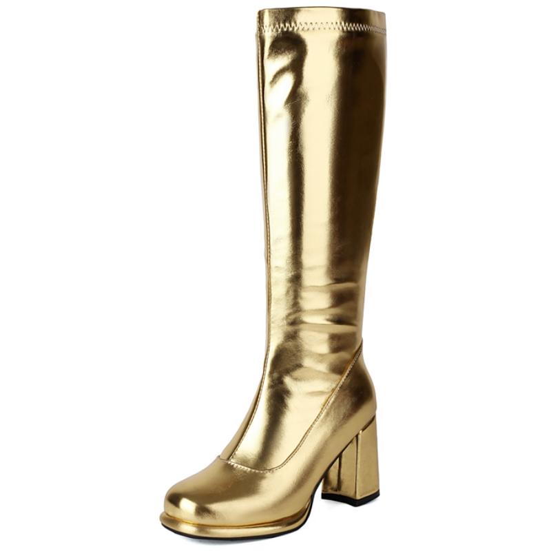 Damen Kniehohe Stiefel Leder Sexy Reißverschluss Winterschuhe Schwarz Gold Rot Absatz Lang Chelsea Boot Damen Große Größe 41 gold