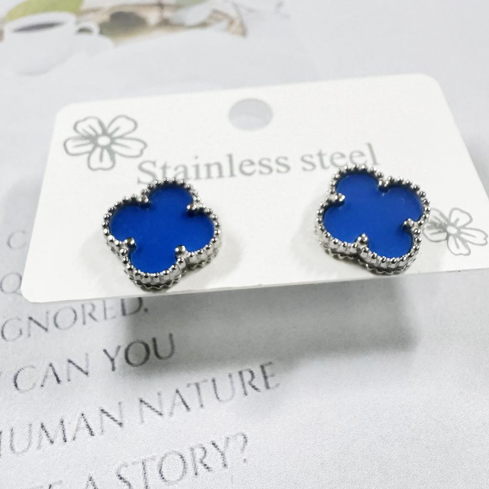 Hochwertige Luxus-Ohrringe aus Titanstahl mit vierblättrigem Kleeblatt, lichtechte modische Ohrringe, Damen-Ohrringe, Schmuck blau