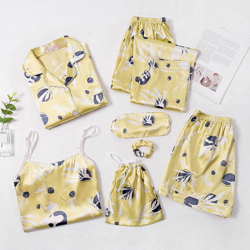 7-teiliges Damen-Pyjama-Set, Nachthemd + Top + lange kurze Hose, gestreiftes sexy Damen-Pyjama M helle gelbe
