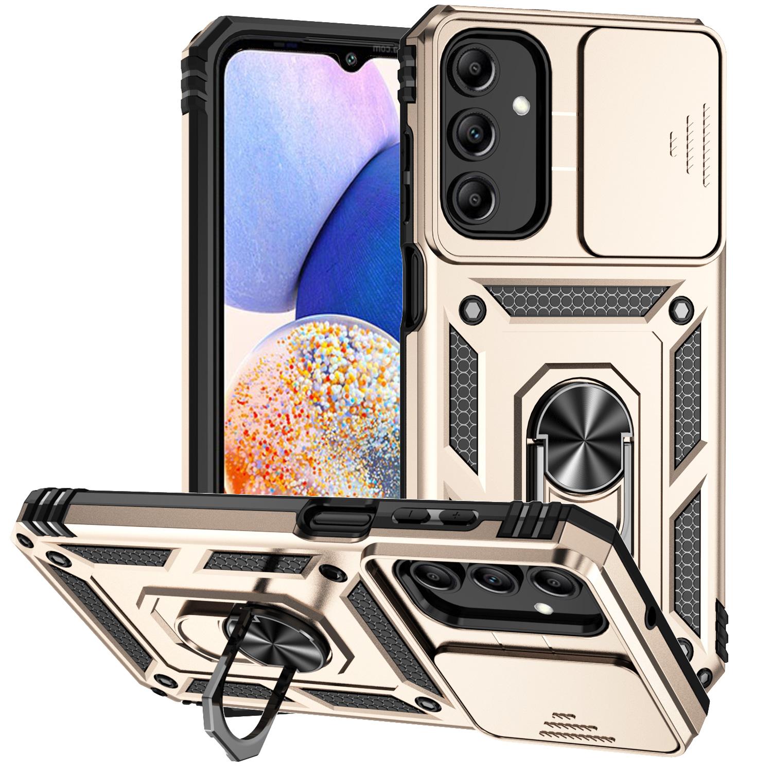 3-in-1-Schutzhülle für Samsung Galaxy A15 5G, magnetischer Auto-Ring-Halter, Stand-Rückseite, Schiebeobjektivabdeckung für Galaxy A14 5G-Hüllen For Samsung Galaxy A15 gold