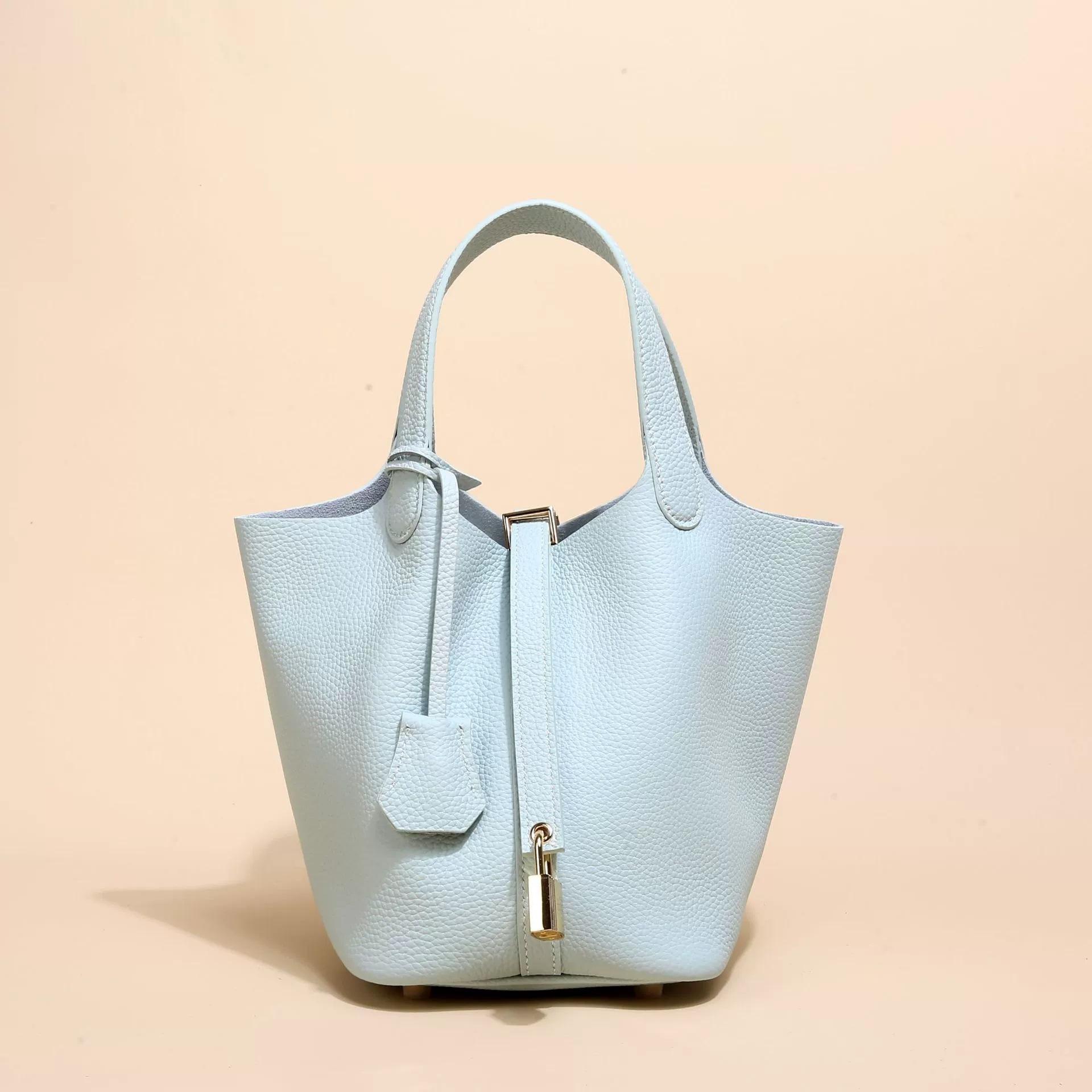 Gemüsekorb-Tasche, erste Schicht Rindsleder-Tragetasche, Pendler-Eimer-Tasche, Damen-Echtleder-Tasche, Europäischer und Amerikanischer Retro. 22cm white