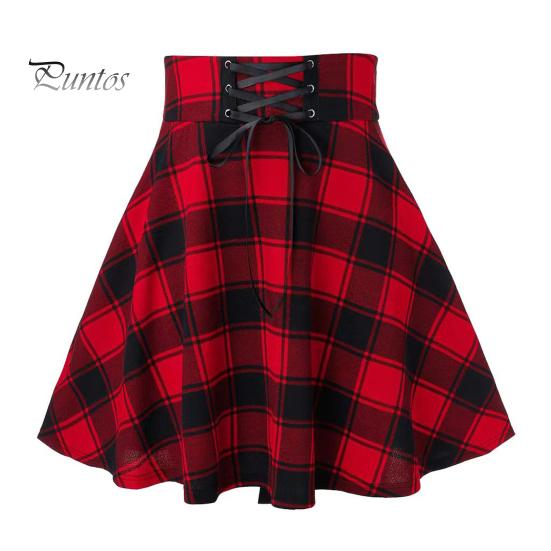 Frauen Plaid Print Mini Rock Elastische Hohe Taille Skater Rock A-Line Frühling Herbst Mädchen Hip Hop Stil Rock Clubwear 2XL rot