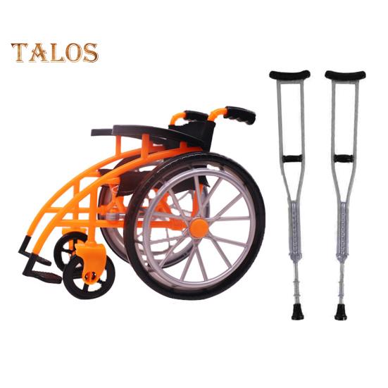 Mini-Rollstuhl-Spielzeugset für Puppenhaus, Miniaturmodell mit Krücken, Hausdekoration, DIY-Basteln, Sandtischzubehör, Rollstuhlspielzeug, Mini-Krücken orange