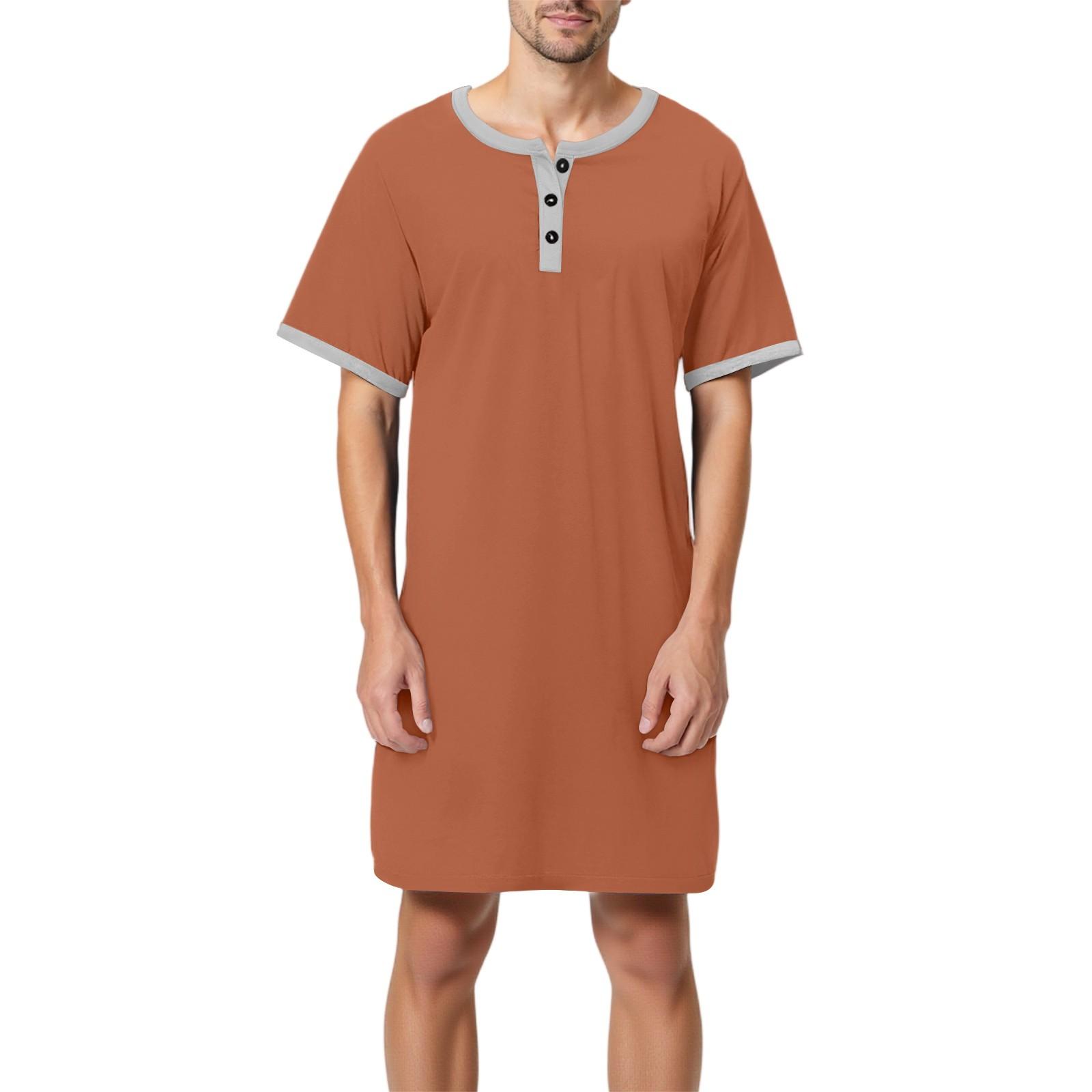 Herren Einfarbig Baumwolle Kurzarm Pyjama Button-Down Kragen Lange Lockere Pyjama Hauskleidung M orange