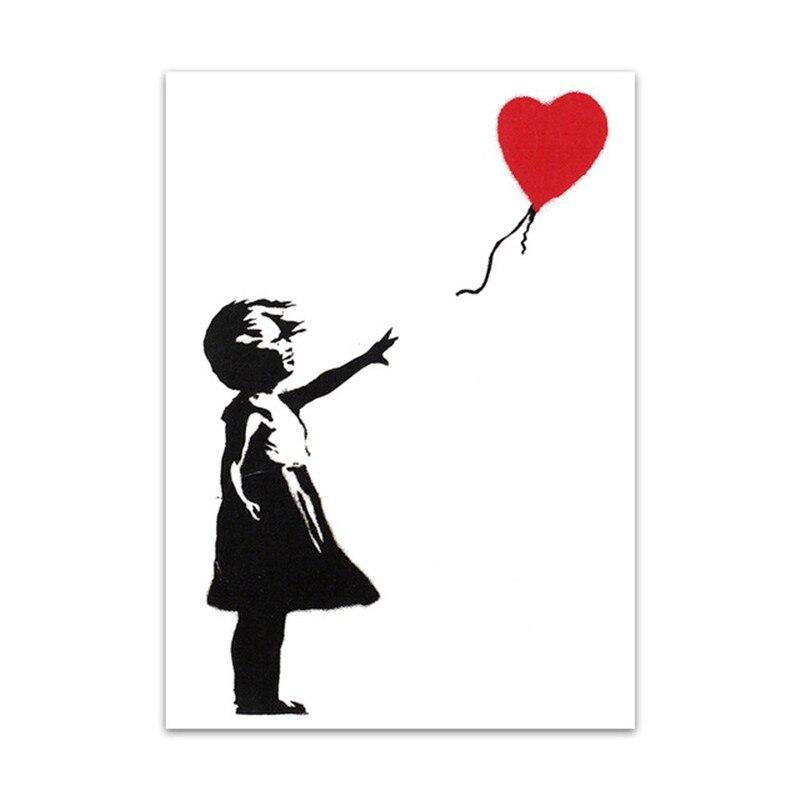 Banksy Graffiti Kunst Leinwand Malerei Rot Ballon Mädchen Malerei Schwarz Weiß Wand Kunst Poster Nordic Wohnzimmer Wohnkultur 21X30cm Unframed