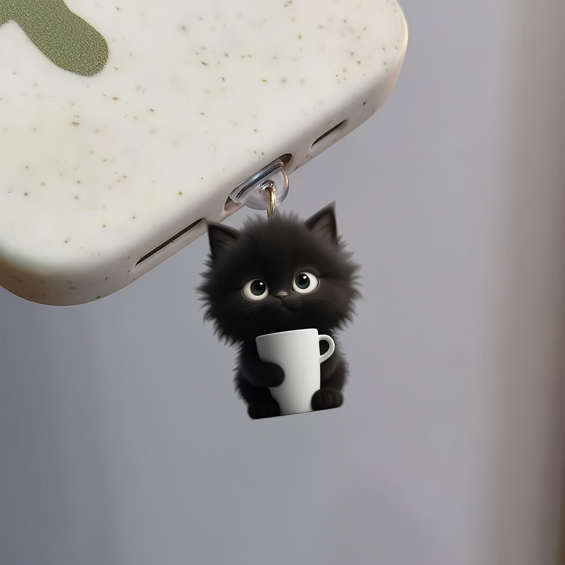 2D Flacher Acryl Schwarze Katze Handy Staubschutzstecker Für Iphone Universal Typ-C Ladeanschluss Schutzstopfen Anti-Staubstecker Anhänger For iPhone5-14