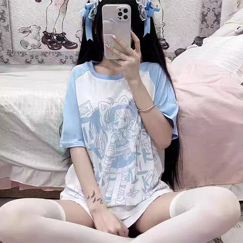 Japanische Baumwolle Anime Kawaii Grunge T-Shirts Niedliche Cartoon Kanji Comics Grafik T-Shirts Lose Übergroße T-Shirts E-Girls Tops Kpop XXL blau