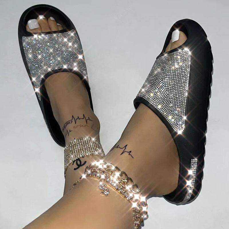 Frauen Dias Mode Plattform Strass Dekor Rutsche Sandalen Im Freien Nicht-slip Strand Sandalen 2023 Sommer Neue Frauen Hausschuhe 37 schwarz