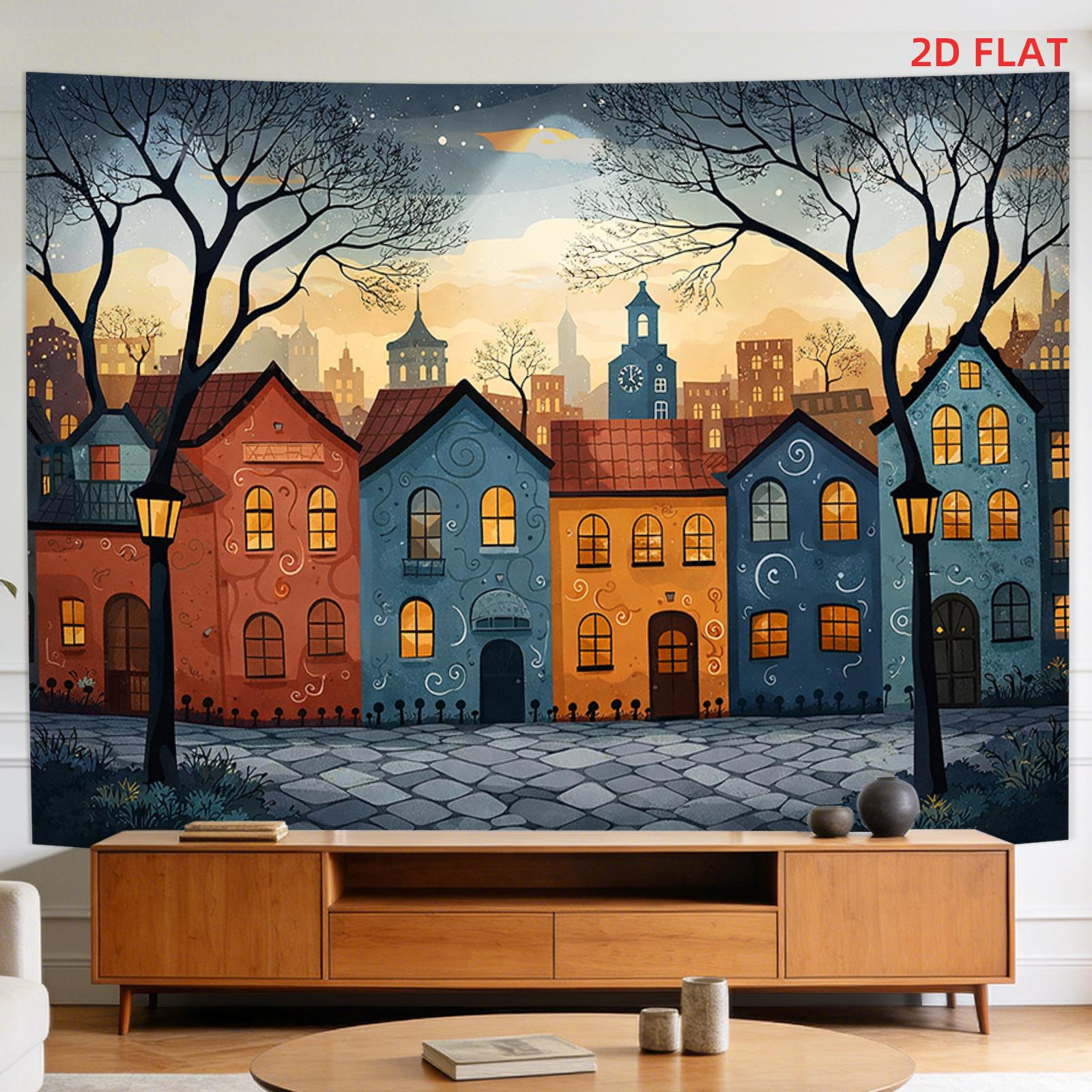 Vintage Europäische Stadt Wandteppich Wandbehang Böhmische Stadtlandschaft Straßen Dekor Kunstposter Große Größe Wohnzimmer Wohnung Hintergrund 100X150CM brown