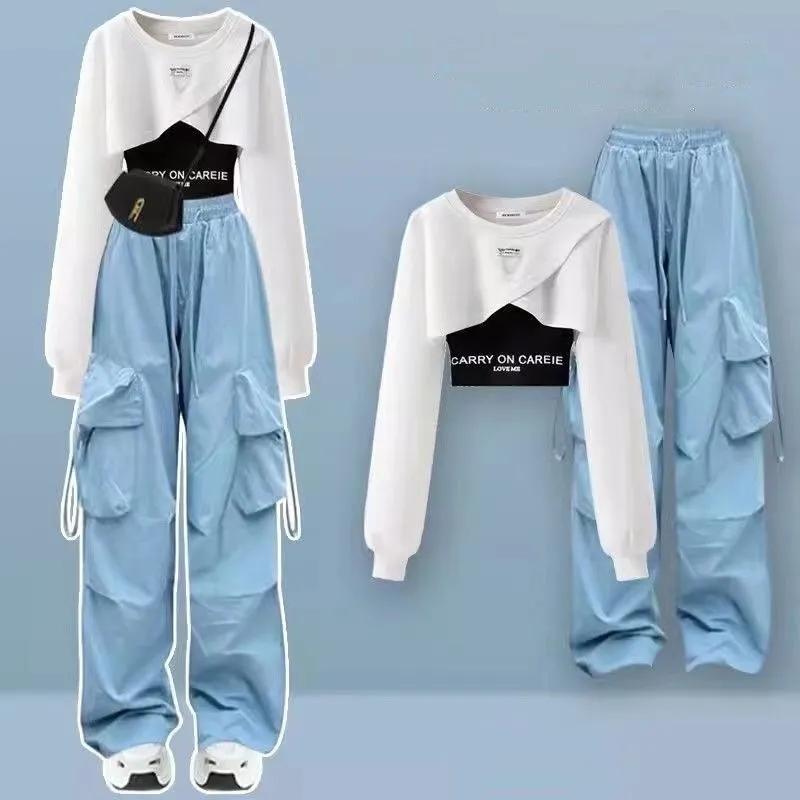 Frühling und Herbst Set frauen Koreanische Lose Mode Top Casual Hosen Drei Stück Set XL blau