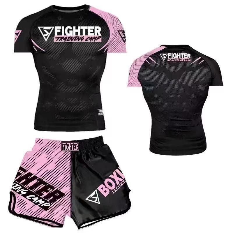 MMA Trainingsset Herren Damen Boxen Muay Thai Kampfsport Fitnessstudio Workout Kompressions-Kurzarmtop Shorts L
